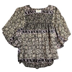 Sunner Women's Boho Patterned 100% Silk Square Neck Dolman‎ Sleeve Blouse Sz L